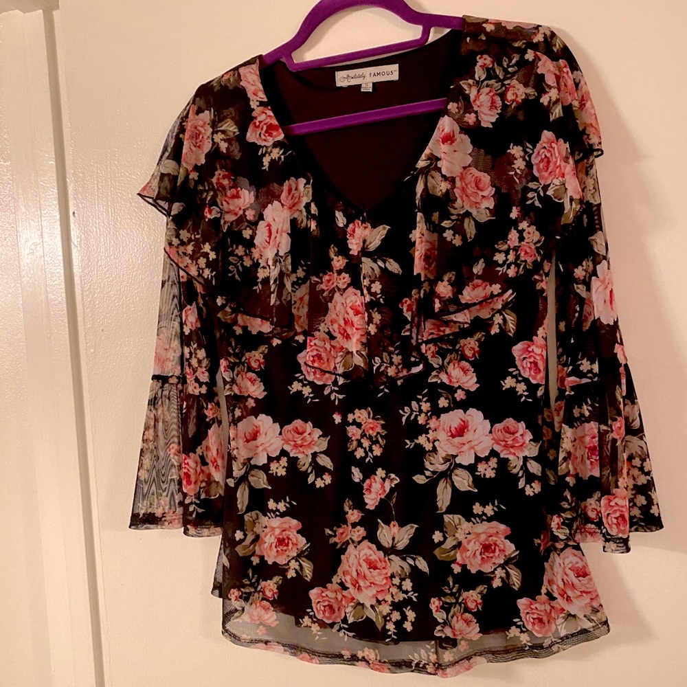 Absolutely Famous floral “roses & ruffles” blouse